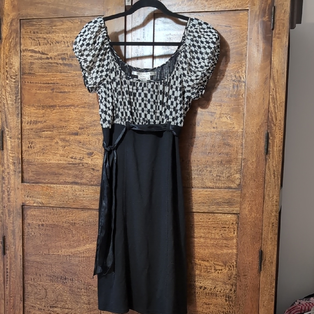 Max Studio Black and White patterned Midi Dress Satin Belt Large